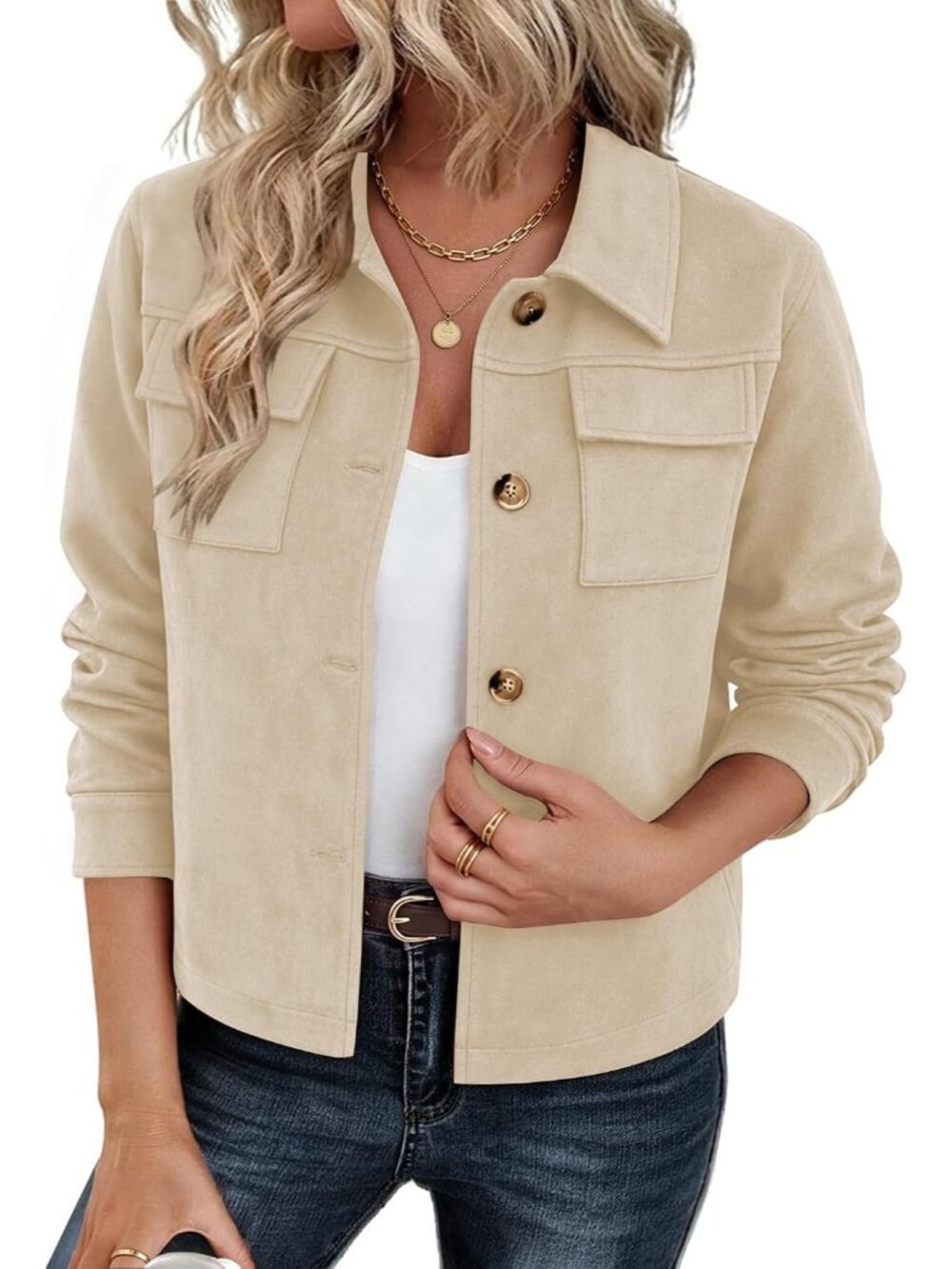 Women Apricot Long Sleeve Faux Suede Cropped Shacket Button Down Fall Jacket